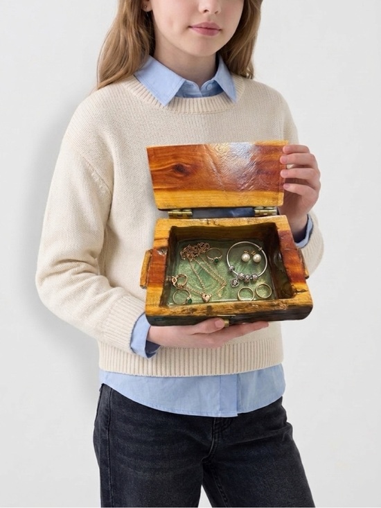 Other - Handcrafted Wooden Jewelry Box with Green Velvet Lining